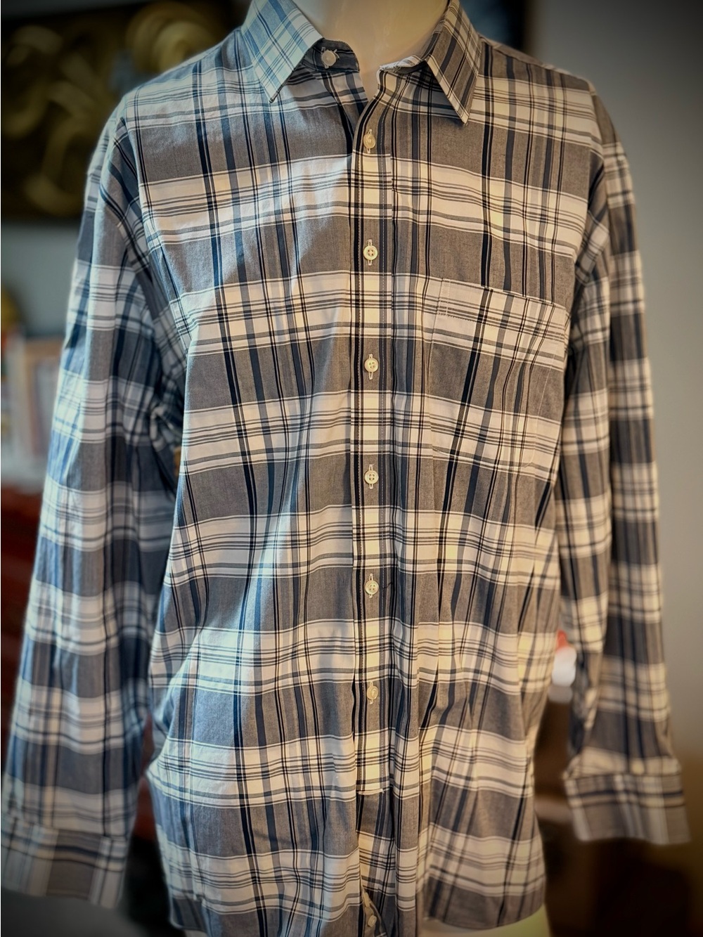 Stafford Gray and White Plaid Button-Down Shirt